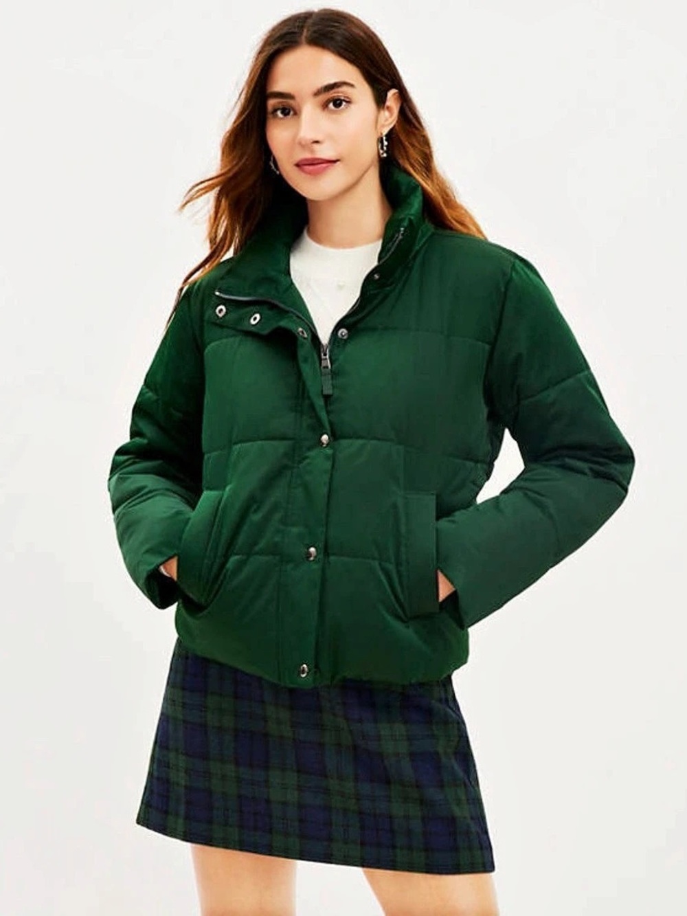 NWT LOFT Emerald Green Sateen Puffer Jacket Cropped Boxy Funnel Neck Sz Small